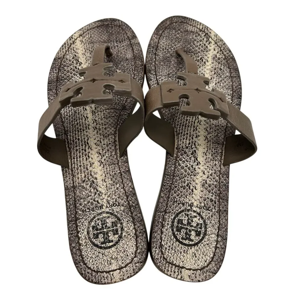Tory Burch Miller Embossed Leather Snake Print Thong Sandal Logo Size 6 Designer